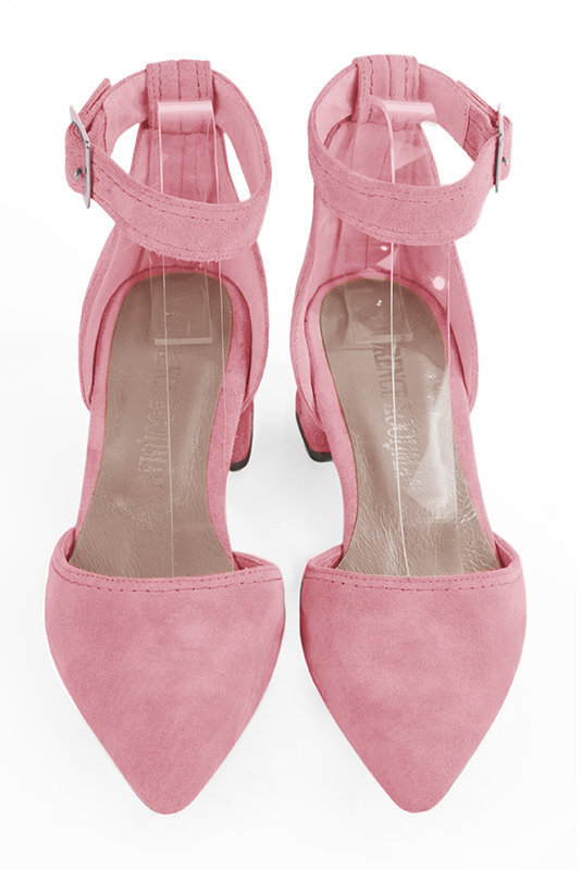 Carnation pink women's open side shoes, with a strap around the ankle. Tapered toe. Low flare heels. Top view - Florence KOOIJMAN